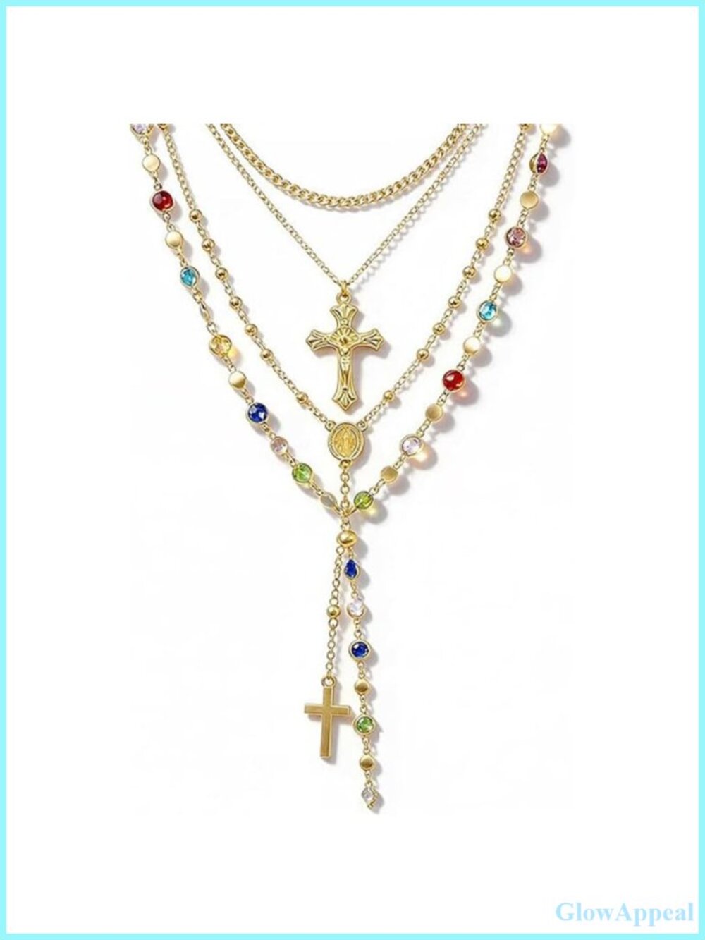 Layered Gold Tone Cross Necklace Rhinestone Charm Faith Jewelry